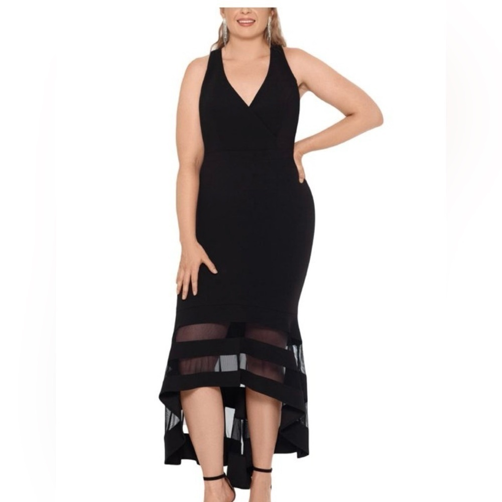 Xscape Black High-Low Mesh Insert V-Neck Cocktail Dress